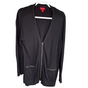 ELLE Women Large Black Sweater Cardigan Zipper V-neck Pockets Gold Buttons